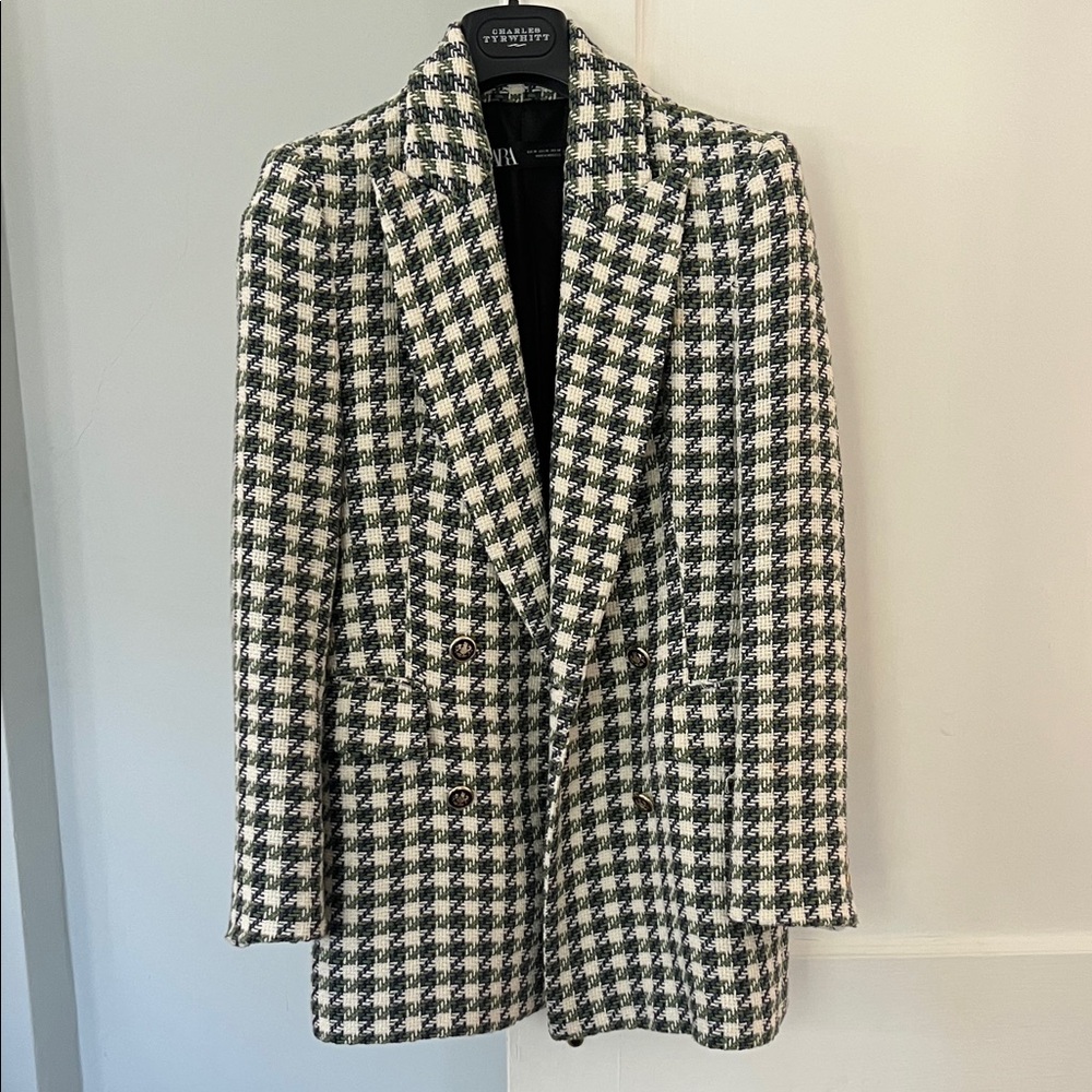 Zara green and blue Houndstooth Blazer XS